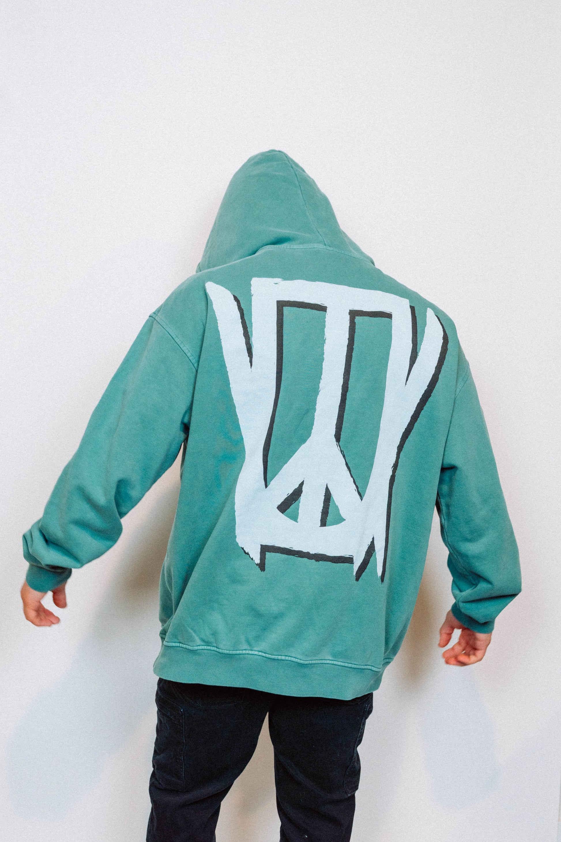 Teal hoodie with a white and black design on the back against a white background