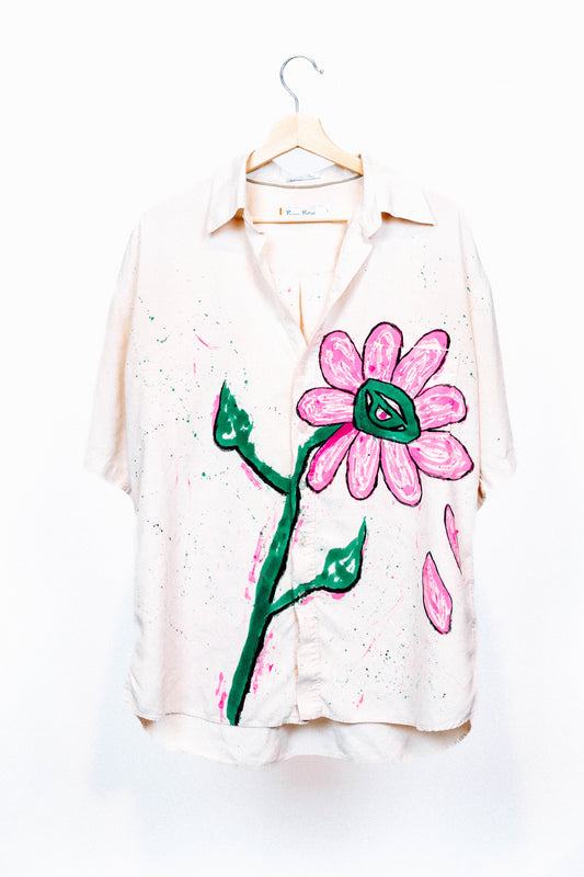 Cream colored 1 of 1 Spray Painted and Hand Painted Button Up from where is up? Made out of 100% Silk.