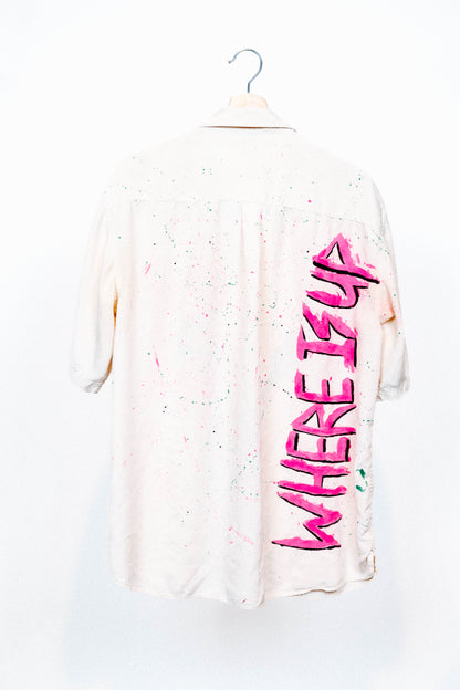 Cream colored 1 of 1 Spray Painted and Hand Painted Button Up from where is up? Made out of 100% Silk.